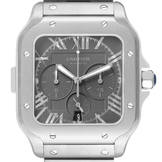 Cartier Santos Large Chronograph Steel Grey Dial Mens Watch