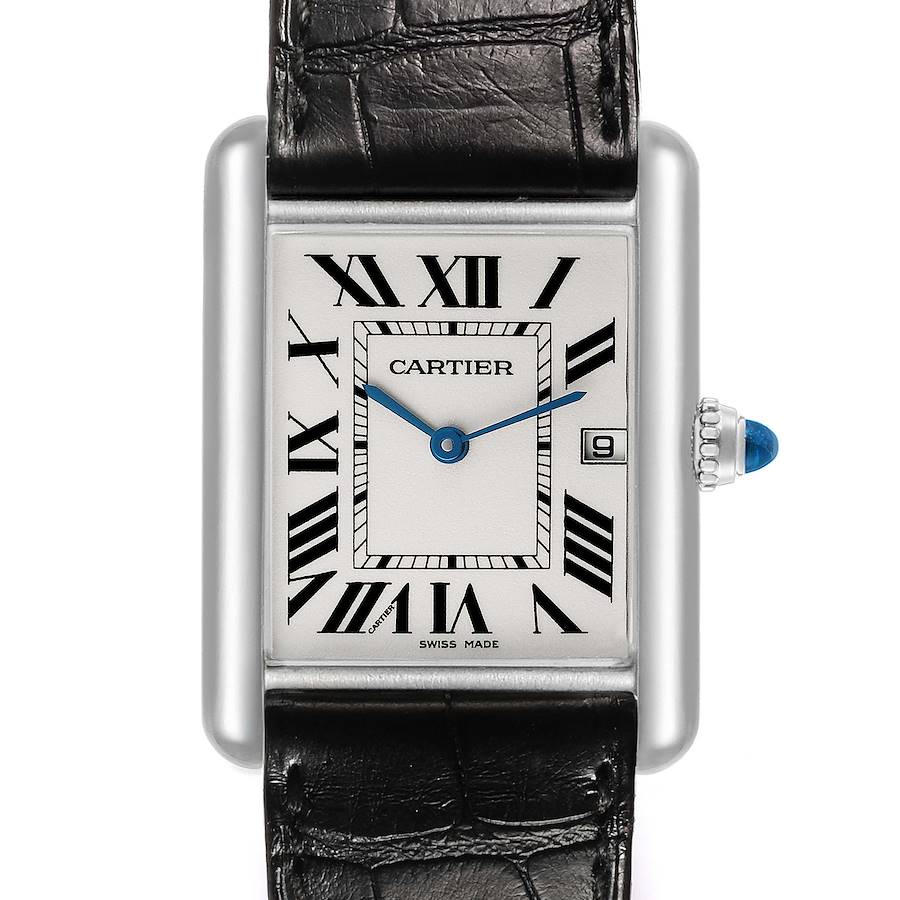 Cartier Tank Louis Large White Gold Black Strap Mens Watch