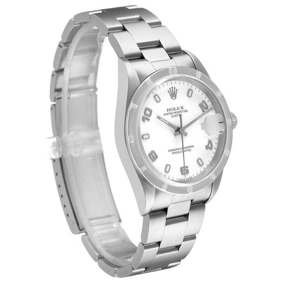 Rolex Date Steel White Dial Engine Turned Bezel Mens Watch