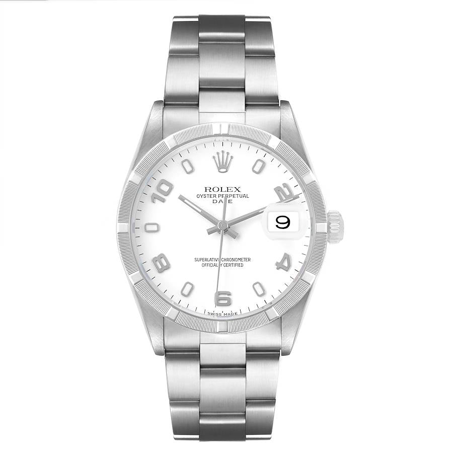 Rolex Date Steel White Dial Engine Turned Bezel Mens Watch