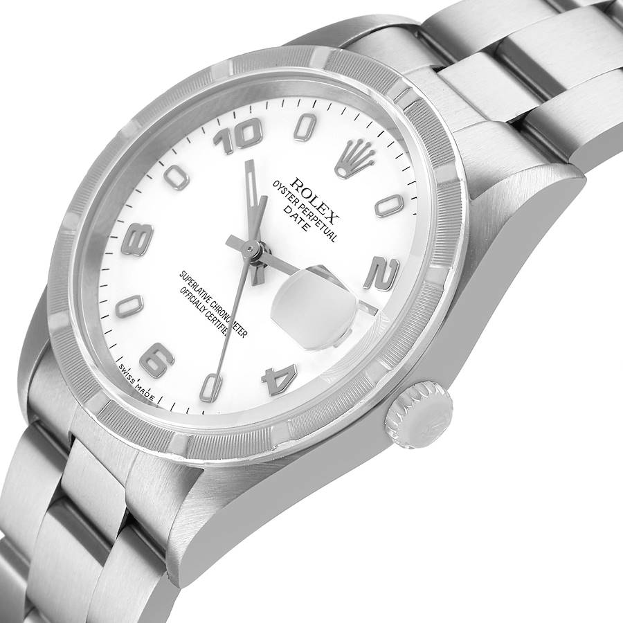 Rolex Date Steel White Dial Engine Turned Bezel Mens Watch