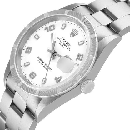 Rolex Date Steel White Dial Engine Turned Bezel Mens Watch