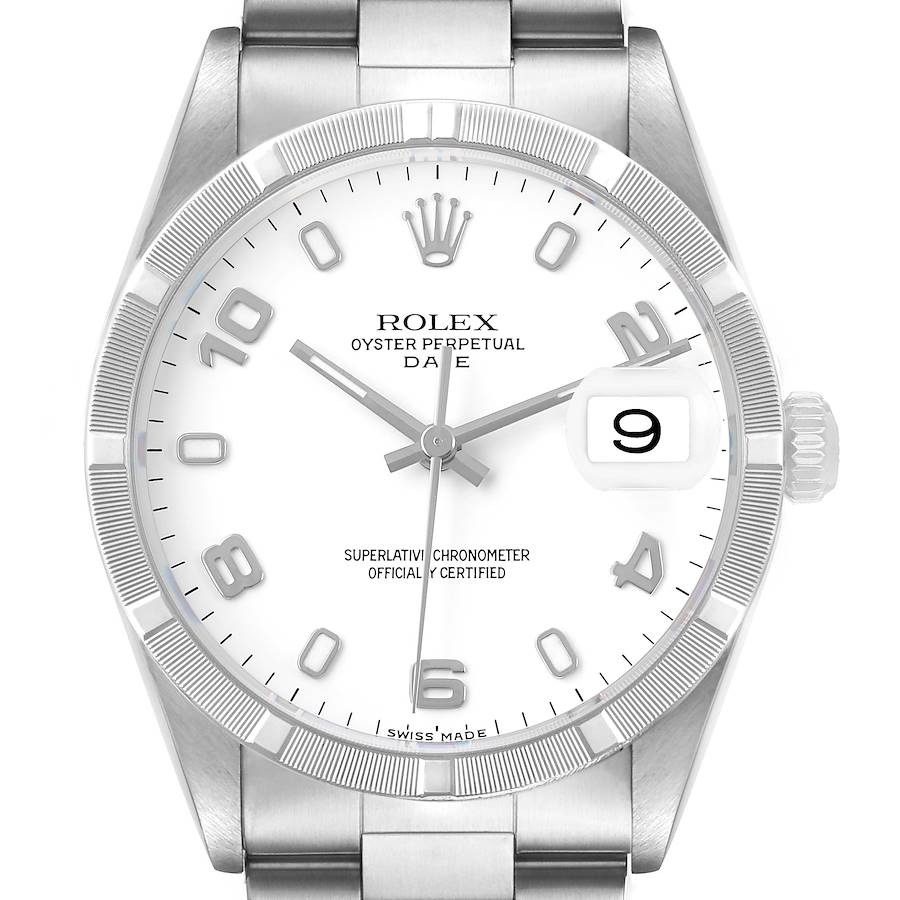 Rolex Date Steel White Dial Engine Turned Bezel Mens Watch