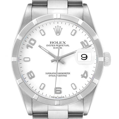 Rolex Date Steel White Dial Engine Turned Bezel Mens Watch
