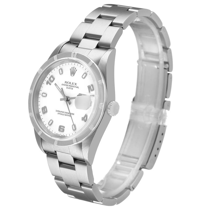 Rolex Date Steel White Dial Engine Turned Bezel Mens Watch