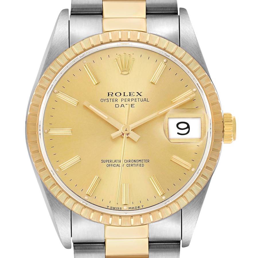 Rolex Date Steel Yellow Gold Champagne Dial Mens Watch
