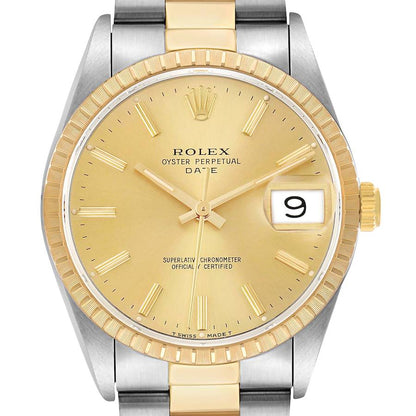 Rolex Date Steel Yellow Gold Champagne Dial Mens Watch