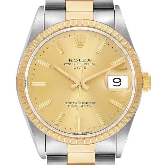 Rolex Date Steel Yellow Gold Champagne Dial Mens Watch