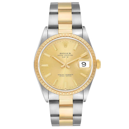 Rolex Date Steel Yellow Gold Champagne Dial Mens Watch
