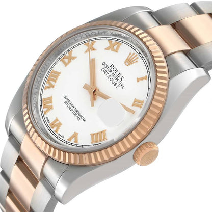 Rolex Datejust 36 Steel Rose Gold White Roman Dial Mens Watch