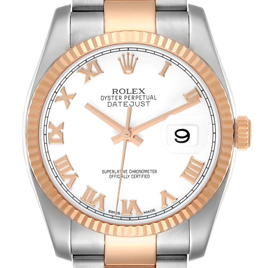 Rolex Datejust 36 Steel Rose Gold White Roman Dial Mens Watch