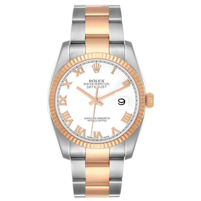 Rolex Datejust 36 Steel Rose Gold White Roman Dial Mens Watch