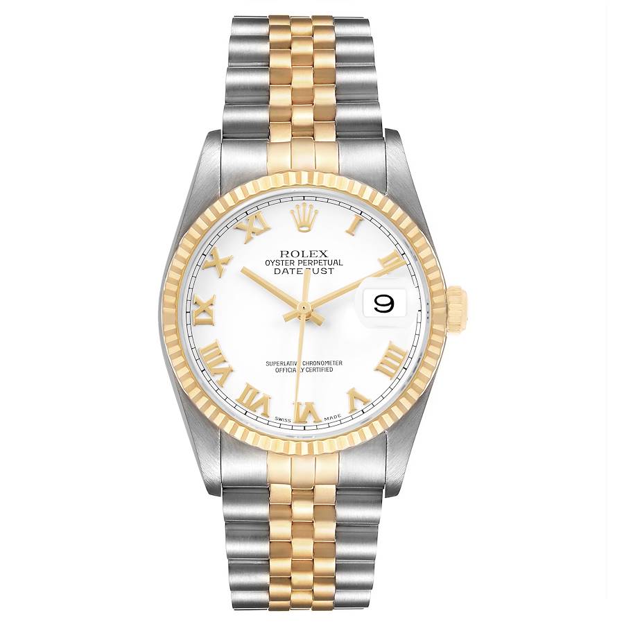 Rolex Datejust 36 White Roman Dial Steel Yellow Gold Mens Watch