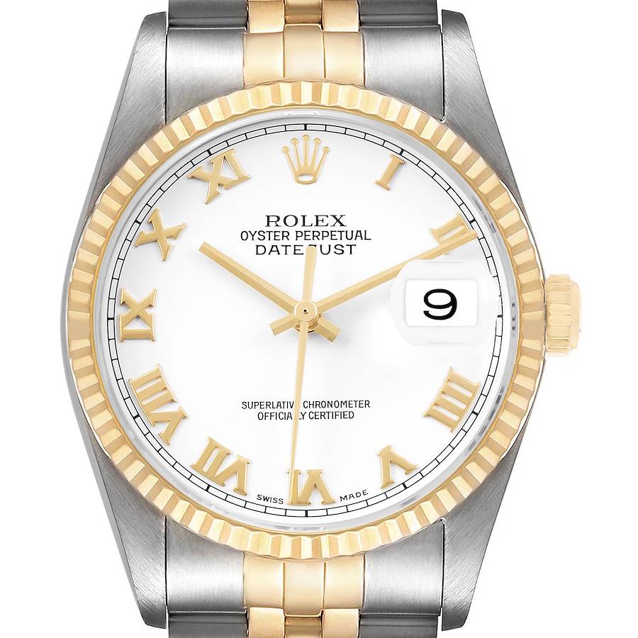 Rolex Datejust 36 White Roman Dial Steel Yellow Gold Mens Watch