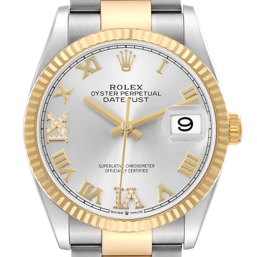 Rolex Datejust Steel Yellow Gold Silver Diamond Dial Mens Watch