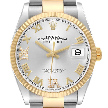 Rolex Datejust Steel Yellow Gold Silver Diamond Dial Mens Watch