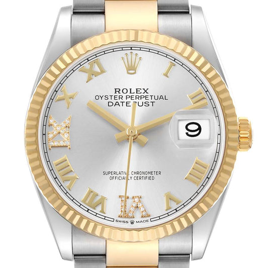Rolex Datejust Steel Yellow Gold Silver Diamond Dial Mens Watch