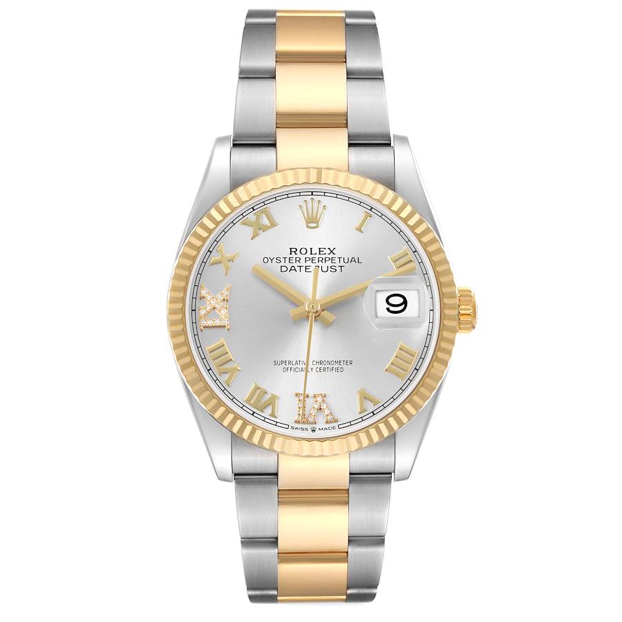 Rolex Datejust Steel Yellow Gold Silver Diamond Dial Mens Watch