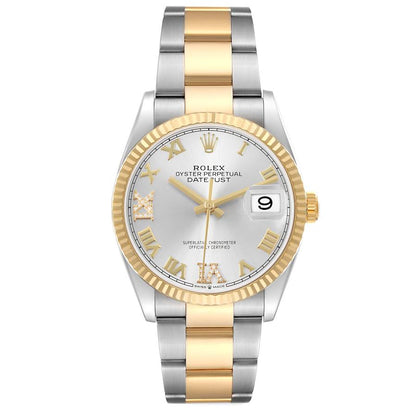 Rolex Datejust Steel Yellow Gold Silver Diamond Dial Mens Watch