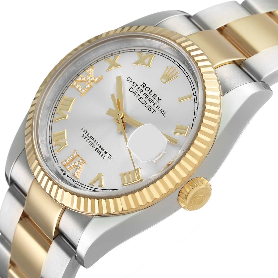 Rolex Datejust Steel Yellow Gold Silver Diamond Dial Mens Watch