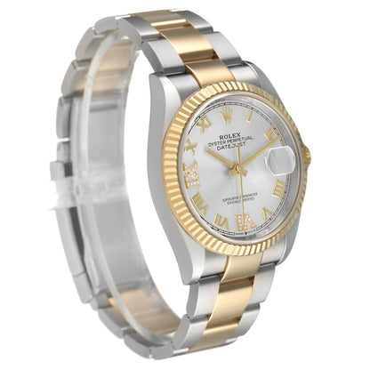 Rolex Datejust Steel Yellow Gold Silver Diamond Dial Mens Watch