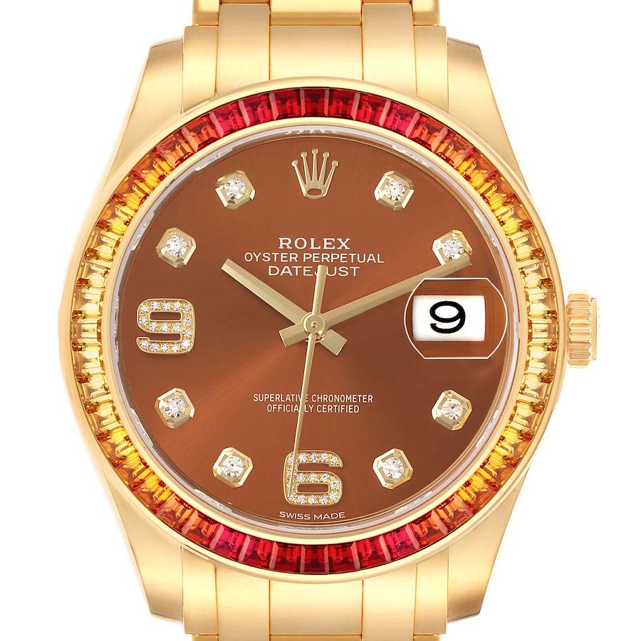 Rolex Pearlmaster Yellow Gold Sapphire Bezel Diamond Mens Watch