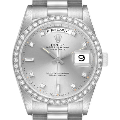 Rolex President Day-Date White Gold Diamond Dial Bezel Watch
